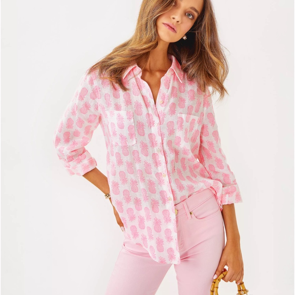 Pineapple Print Pink Button-Up Shirt..Brand New W Tag never worn.